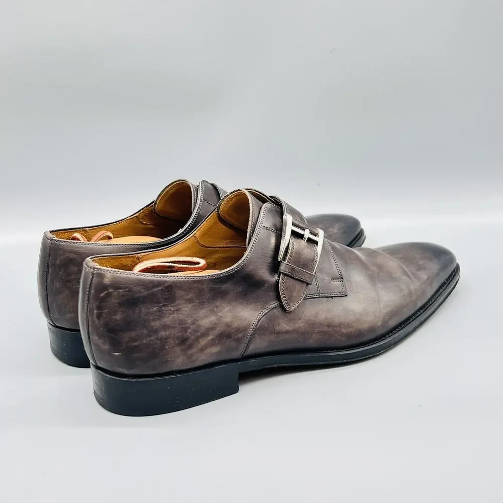 Magnanni Shoes Mens 10 Gray Leather Monk Strap Oxford Dress Buckle Almond Toe
